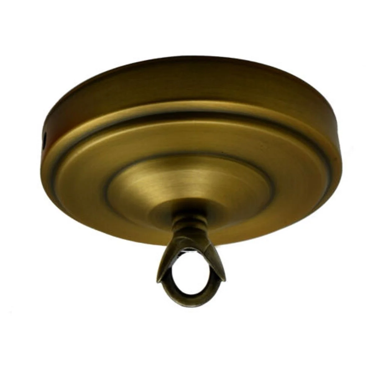 Metal ceiling rose with hook plate and screws on white background, 108mm diameter, smooth metal surface