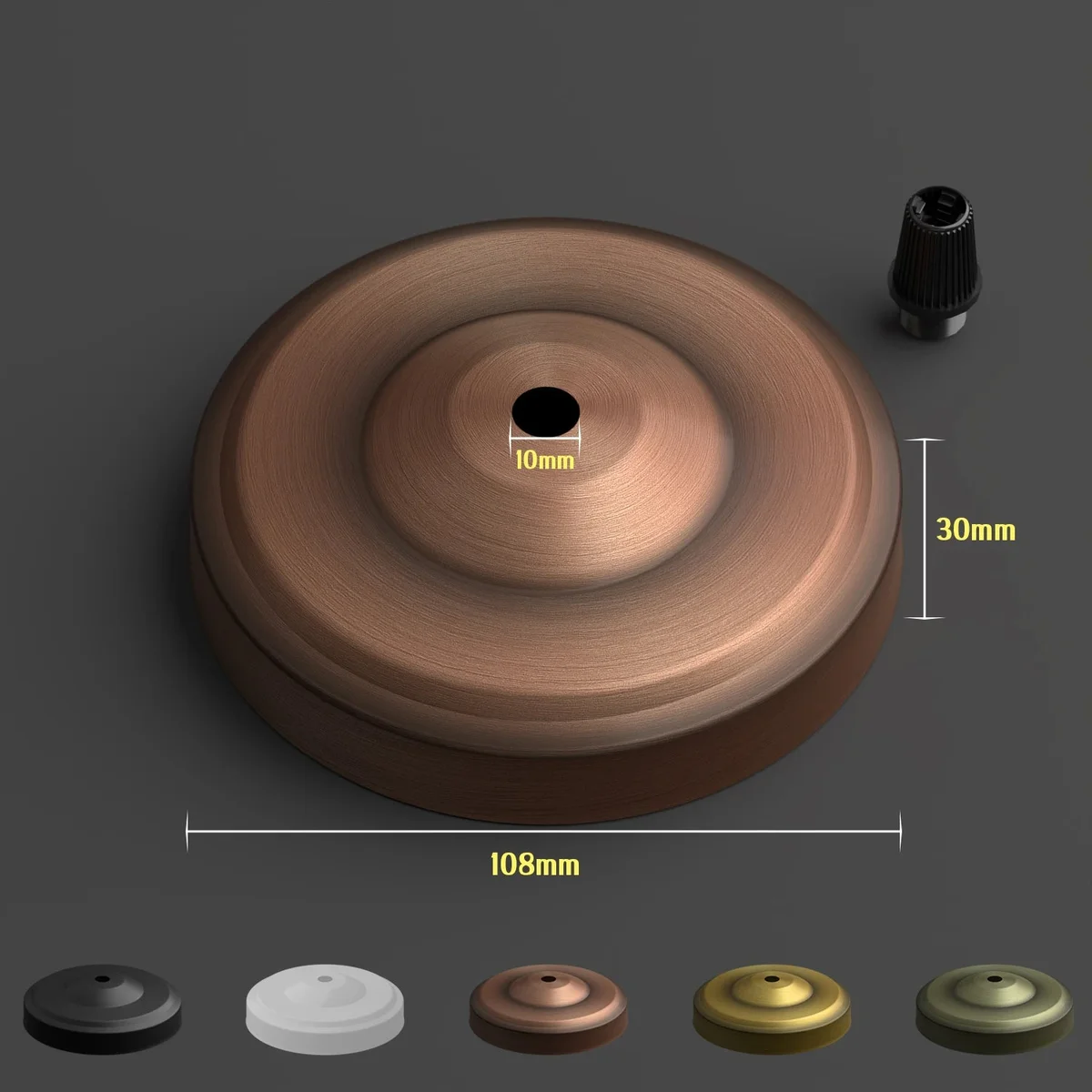 Single outlet ceiling rose pendant light fitting in sleek round metal design, copper finish, 108mm diameter, front fitting