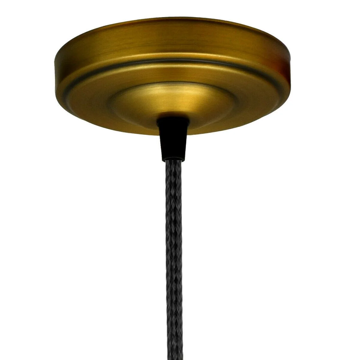 Single outlet round ceiling rose pendant light fitting in copper metal with mounting hardware on white background