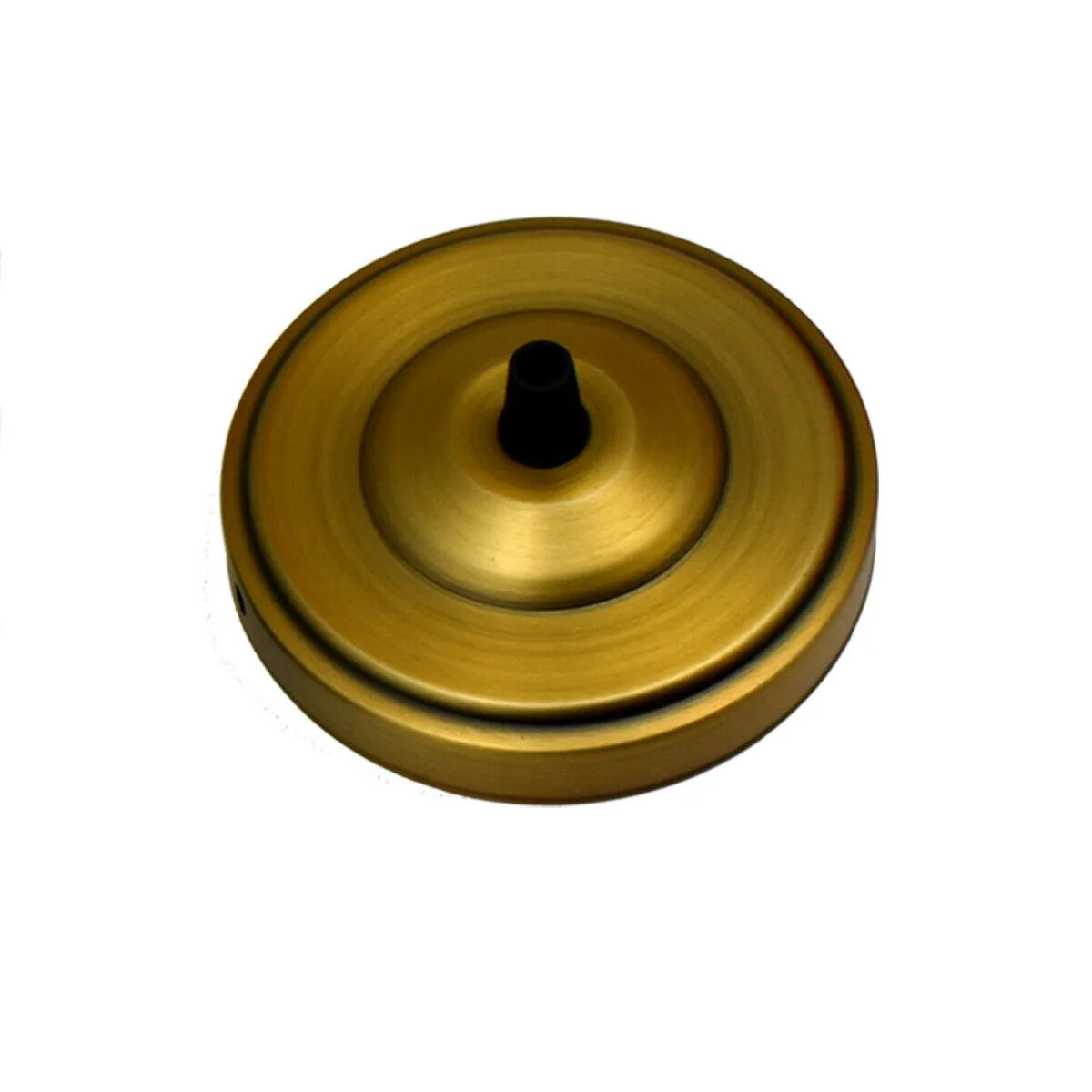 Round metal ceiling rose in satin nickel finish with single outlet and mounting hardware on white background