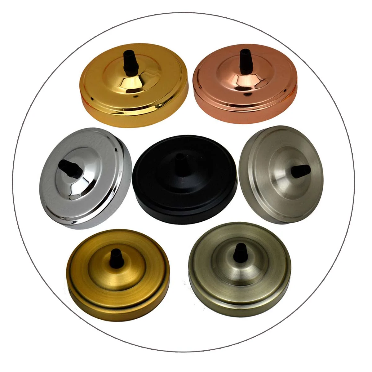 Single outlet ceiling rose in copper metal finish, round 108mm diameter, with mounting hardware included