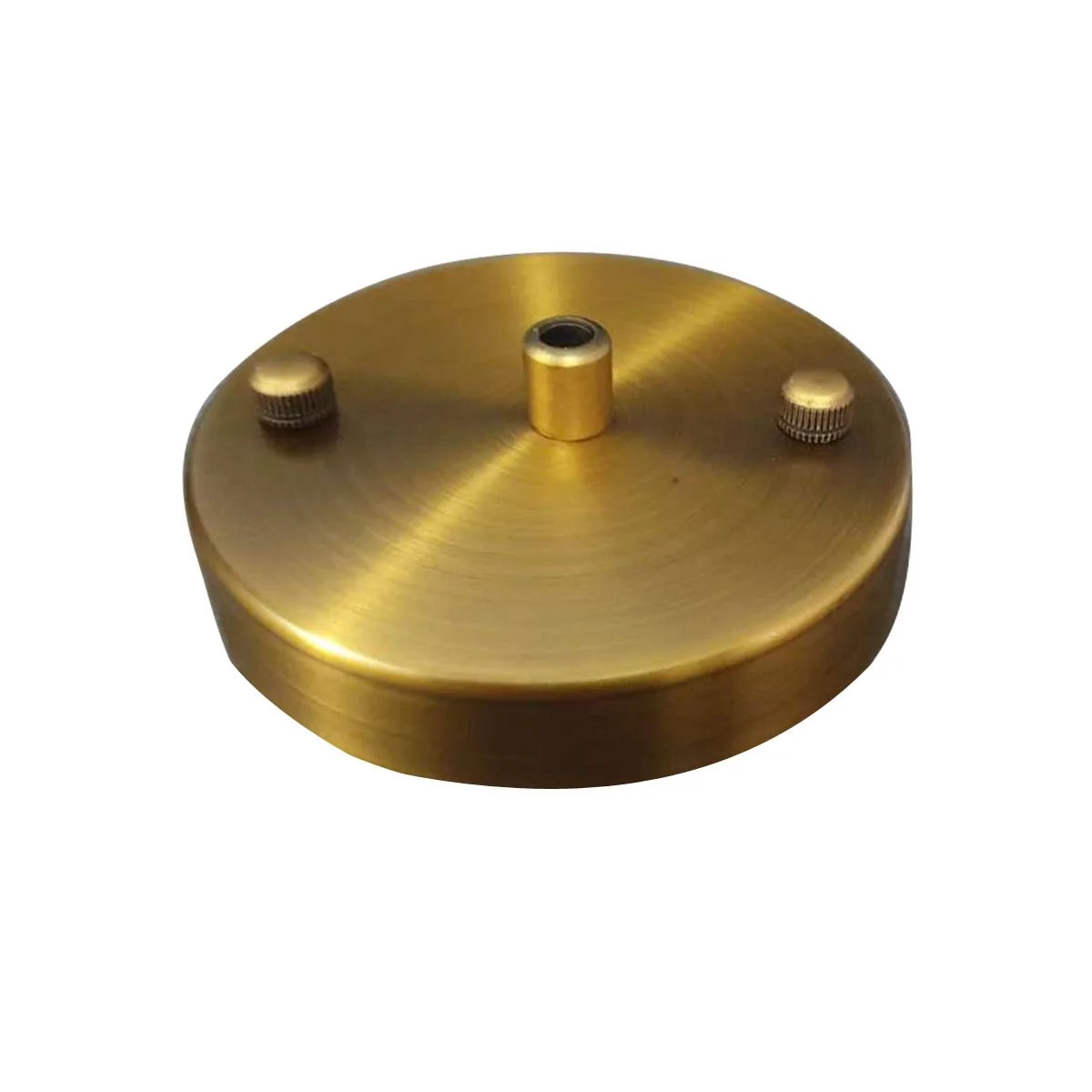 Yellow brass ceiling rose with single point outlet, 100mm diameter, designed for ceiling mounting and light fittings.