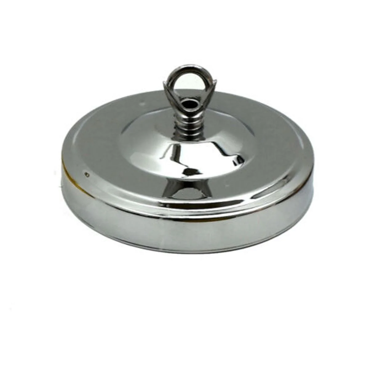 Chrome ceiling rose with hook plate, 108mm diameter, smooth chrome metal finish, includes mounting screws for light fittings