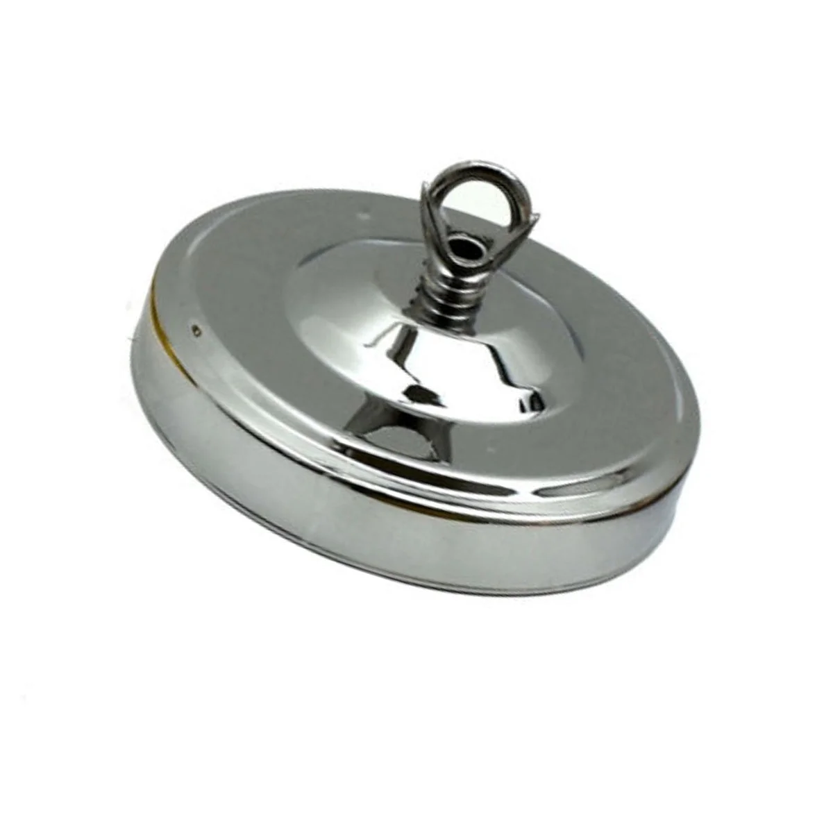 Chrome light fitting ceiling rose hook plate with smooth metal surface and matching screws on white background