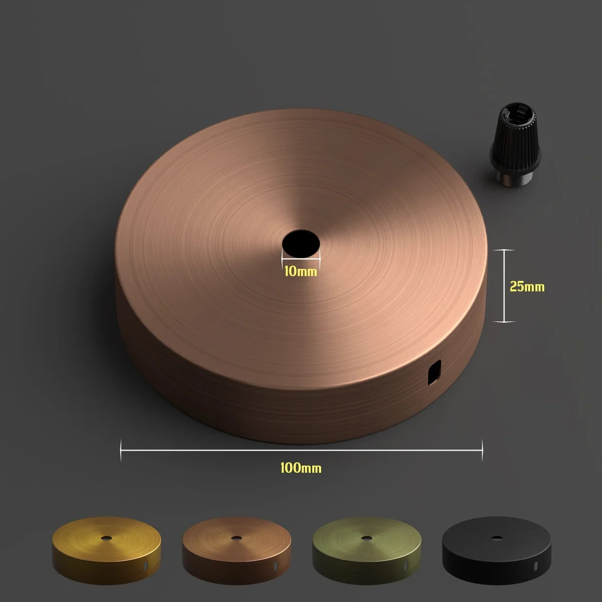 Copper round metal ceiling rose mounting plate with cord grip and screws, 100mm diameter for light fitting