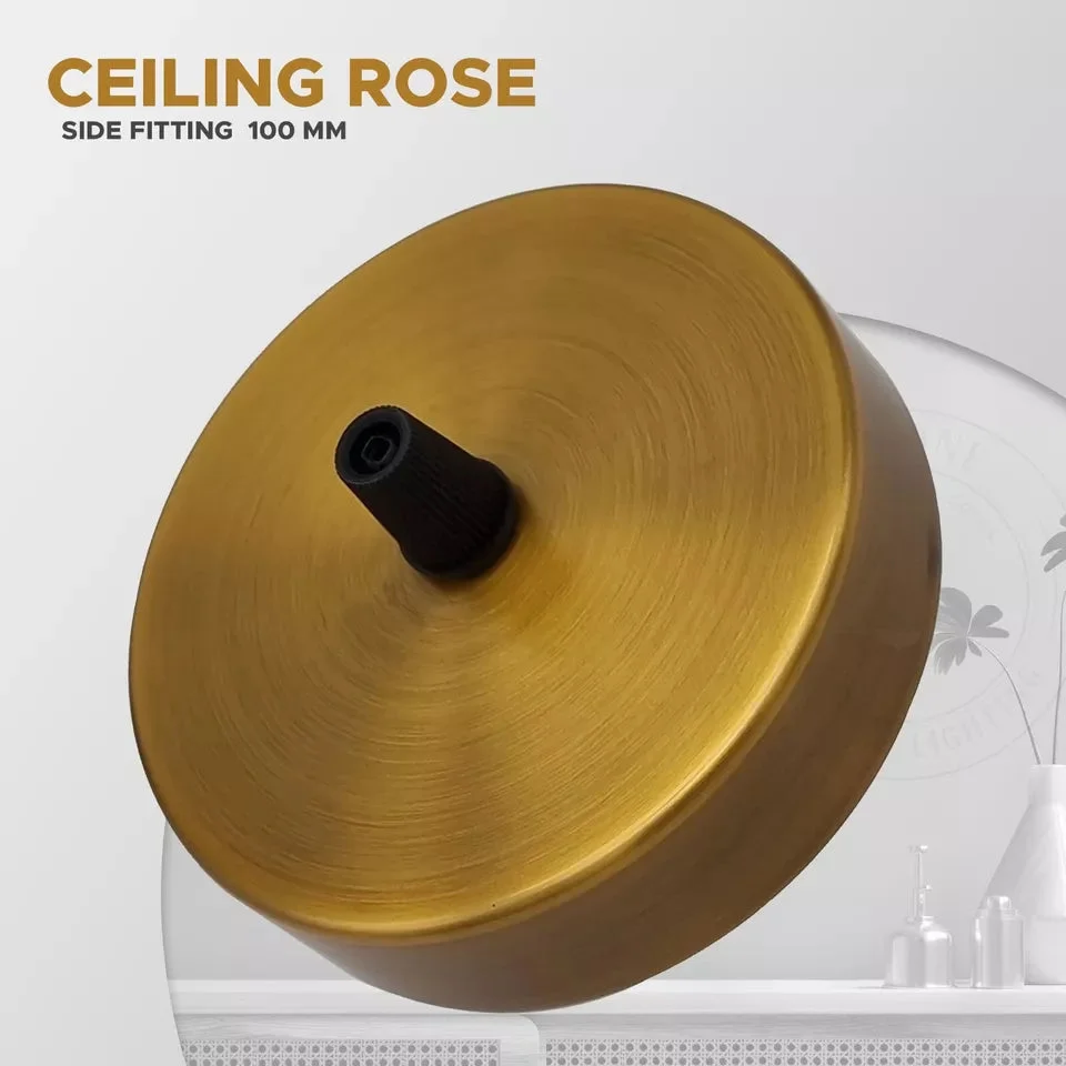 Copper round ceiling rose mounting plate with cord grip and screws, 100mm diameter, for light fittings and chandeliers