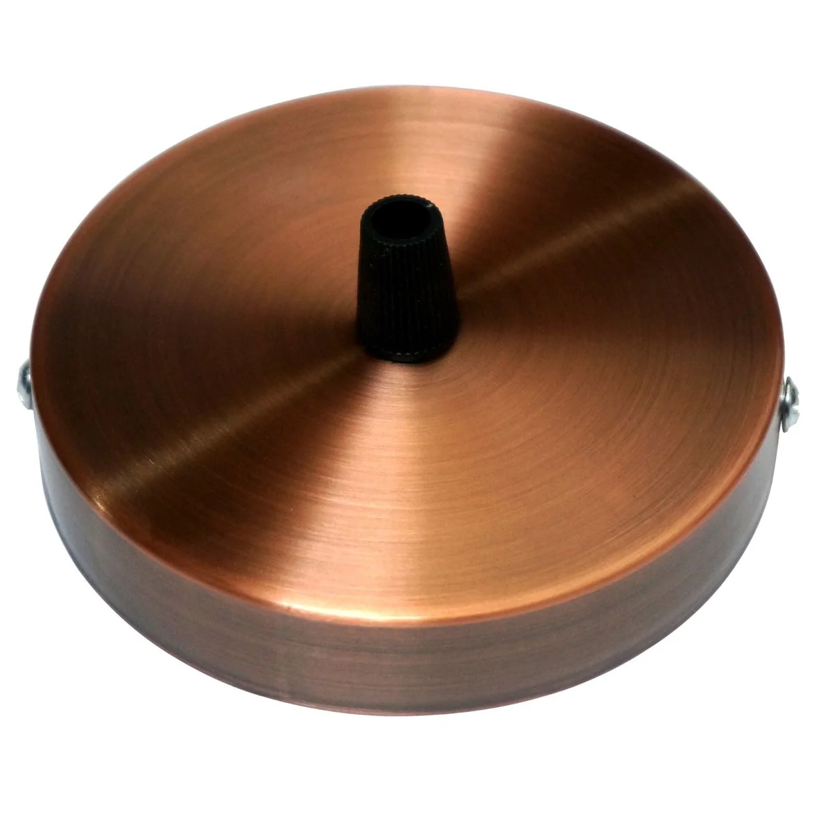 Copper round metal ceiling rose with cord grip and mounting screws, 100mm diameter, for light fittings and chandeliers