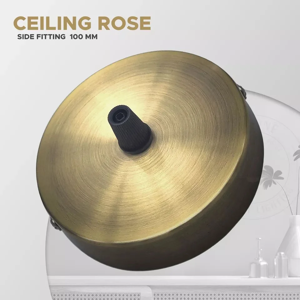 Copper metal ceiling rose with round shape, 100mm diameter, included cord grip and mounting screws visible on white background