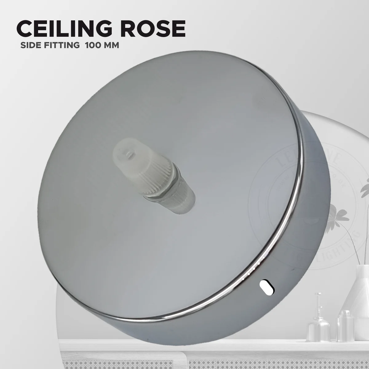 Round chrome vintage ceiling rose with industrial design, 100mm diameter, for light fittings or chandeliers