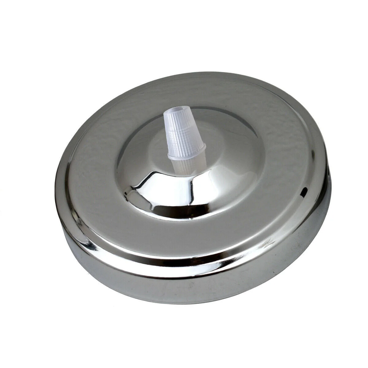 Chrome ceiling rose 108mm diameter metal light fitting plate with central hole and black cord grip for chandelier suspension