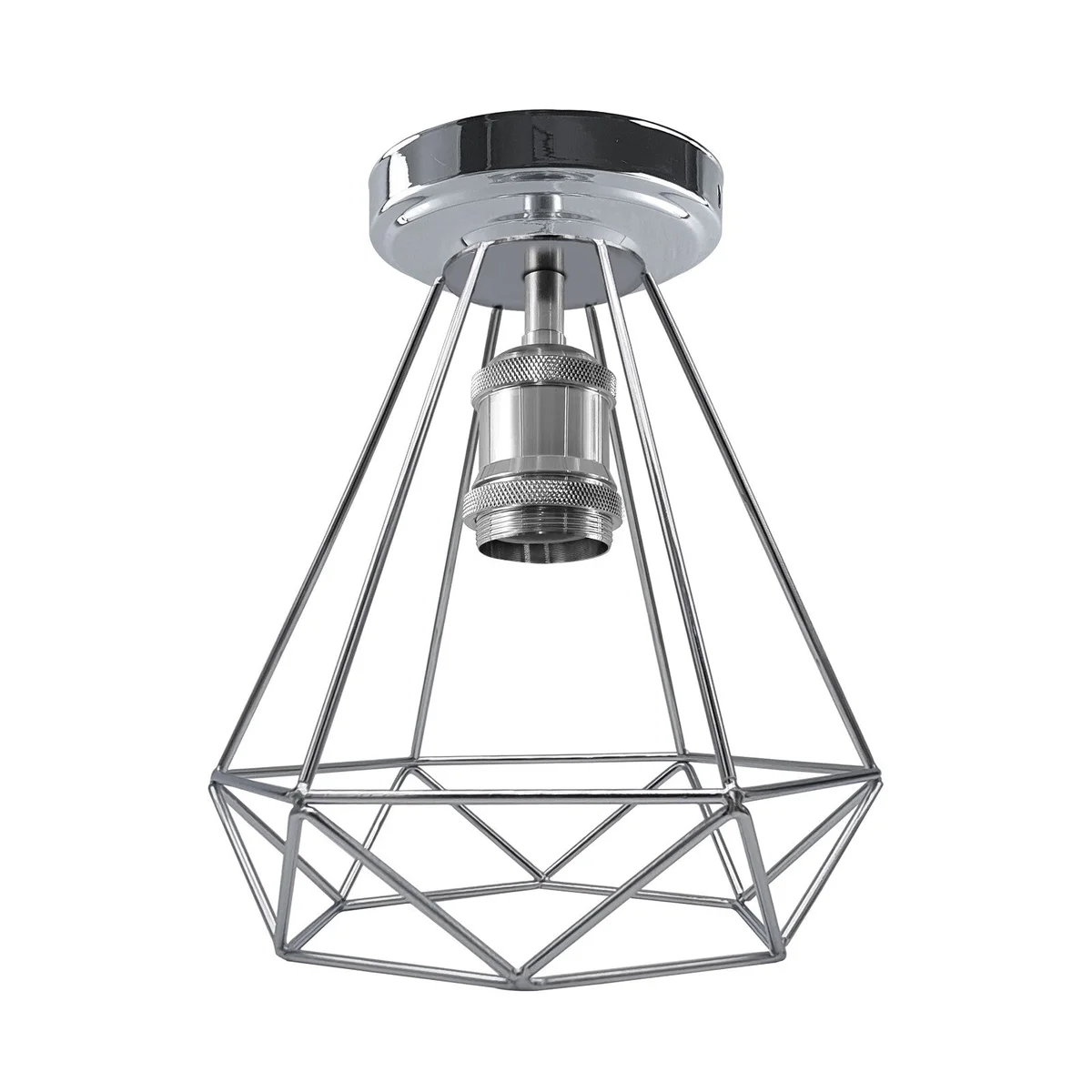 Chrome ceiling rose light fitting with 108mm diameter, black cord grip, and riveted construction for hanging lights