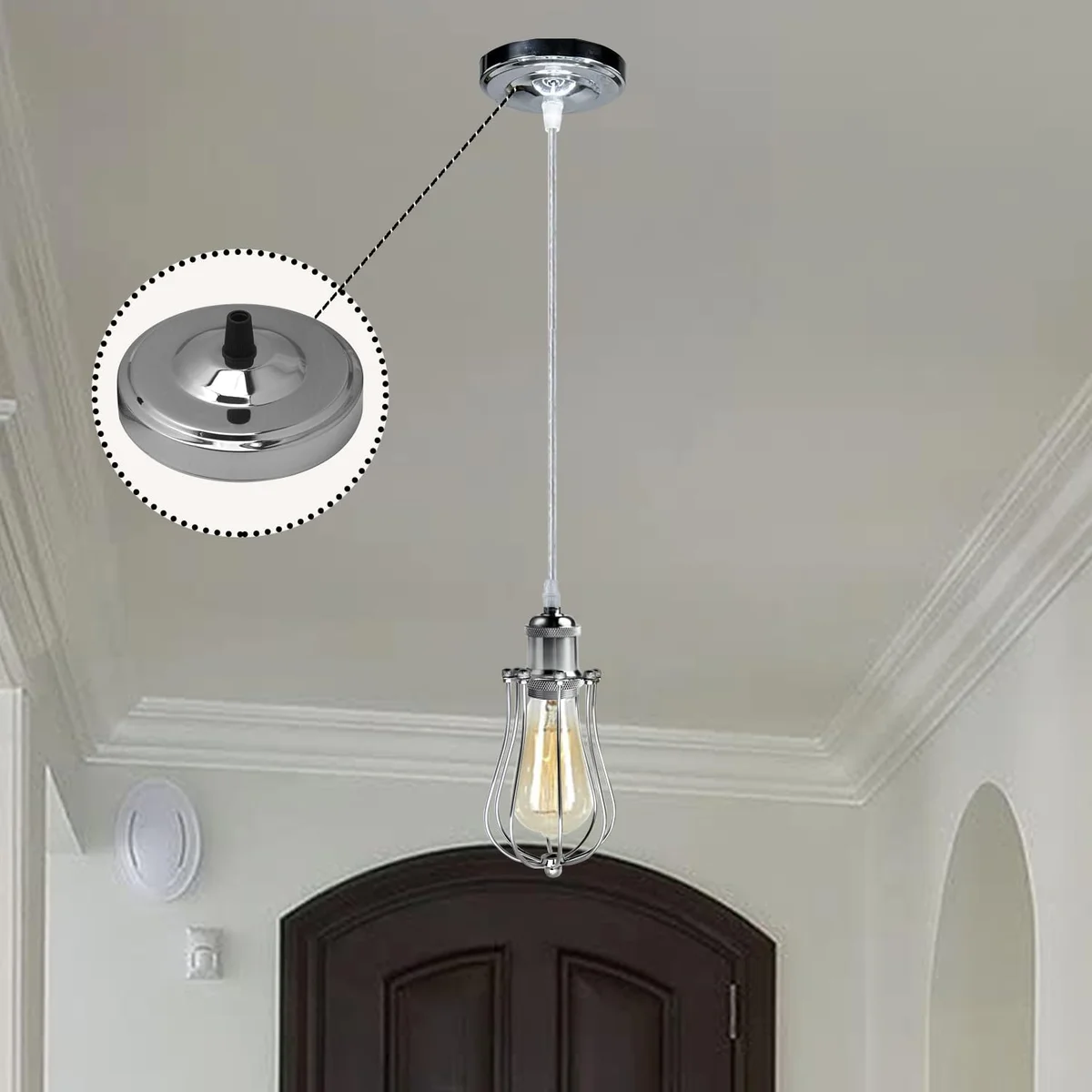 Metallic ceiling rose with 108mm diameter, central hole, black cord grip, and riveted construction for light fittings