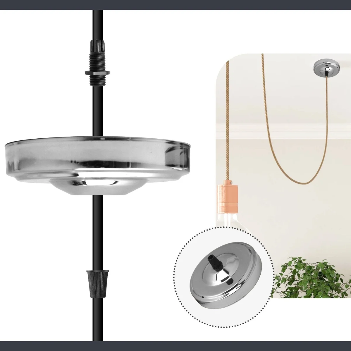Chrome ceiling rose 108mm diameter with black cord grip and riveted construction for light fittings up to 5kg weight