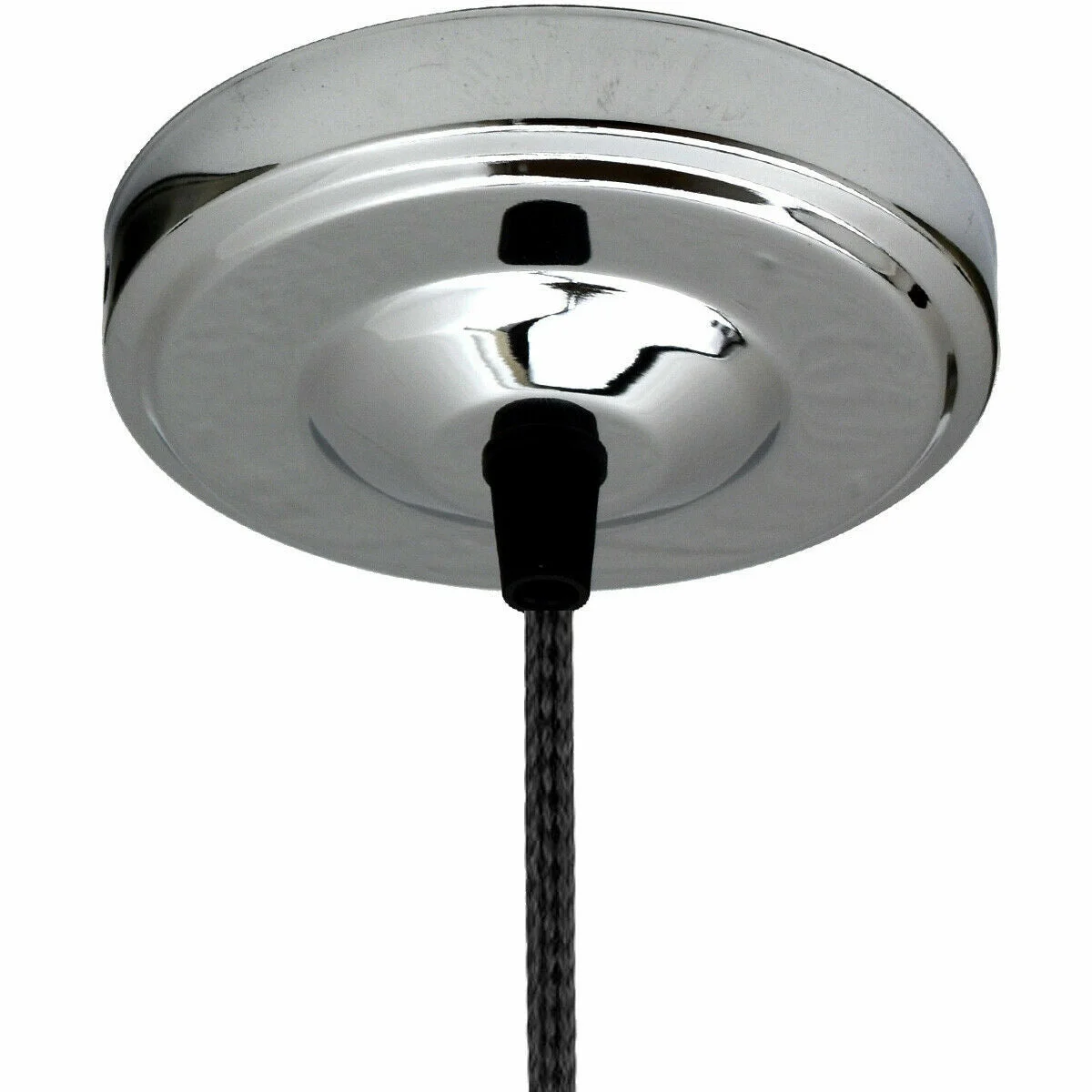 Chrome chandelier ceiling rose with 108mm diameter, black cord grip, and riveted metallic iron construction for light fittings