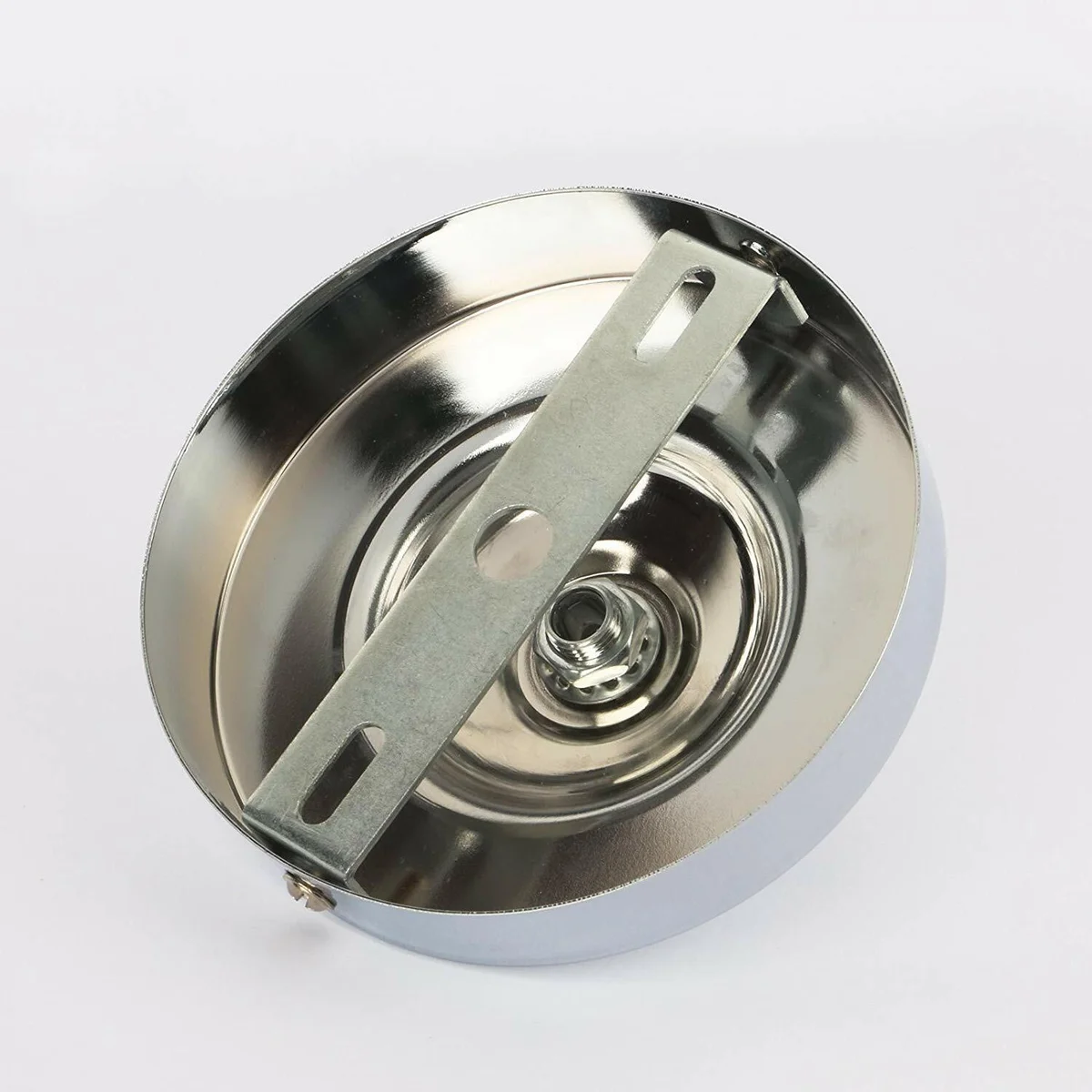 Chrome ceiling rose with 108mm diameter, metallic iron plating, central hole, and black cord grip for light fittings