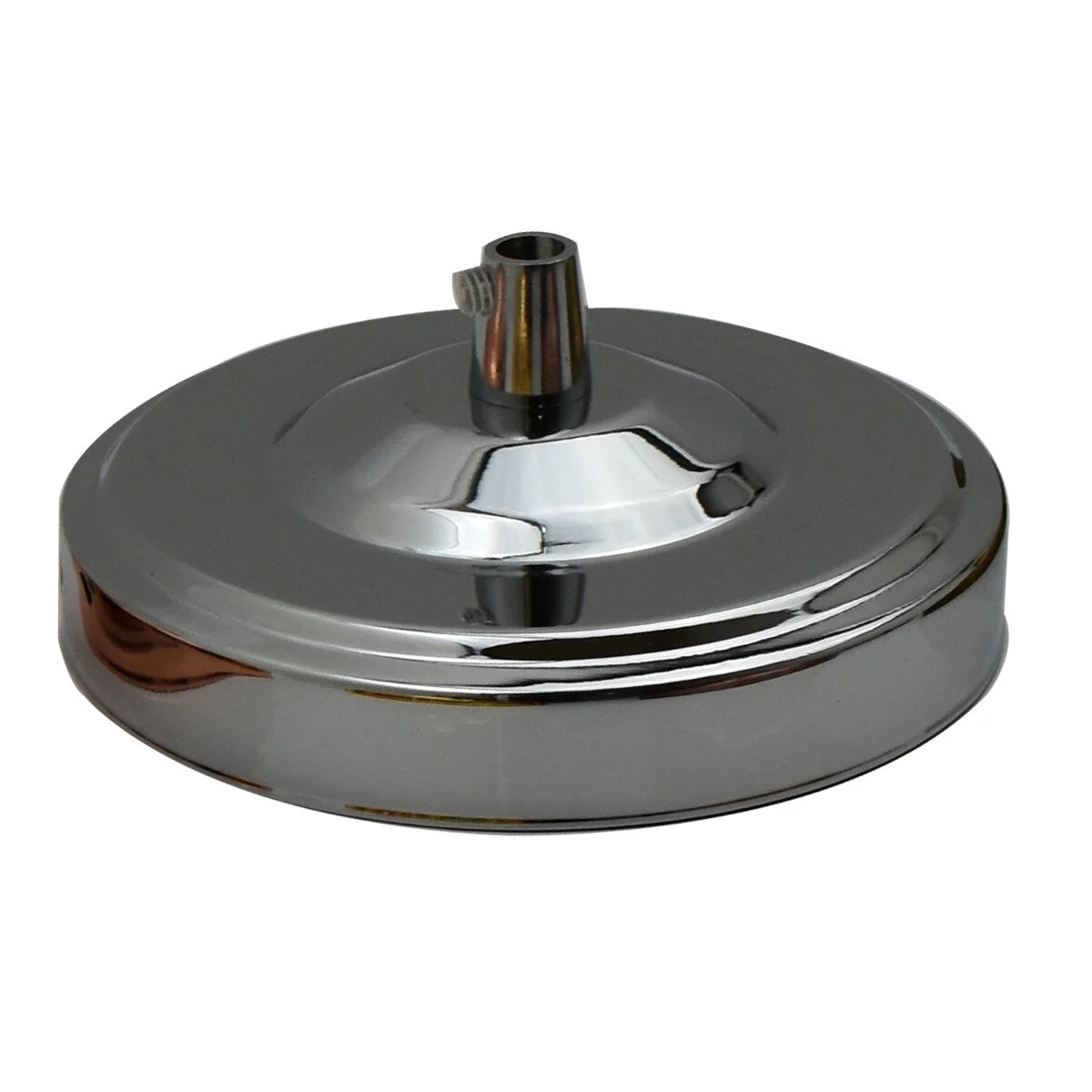 Chrome ceiling rose with 108mm diameter and central hole, designed for hanging light fittings up to 5kg safely