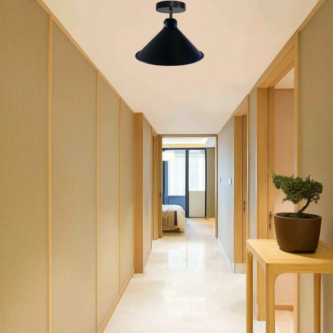 Black industrial ceiling light with cone-shaped metal shade and E27 bulb base flush mount design