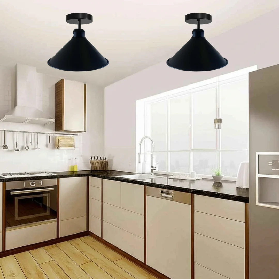Black cone shade light flush mount ceiling fitting with metal construction and E27 lamp base for indoor use