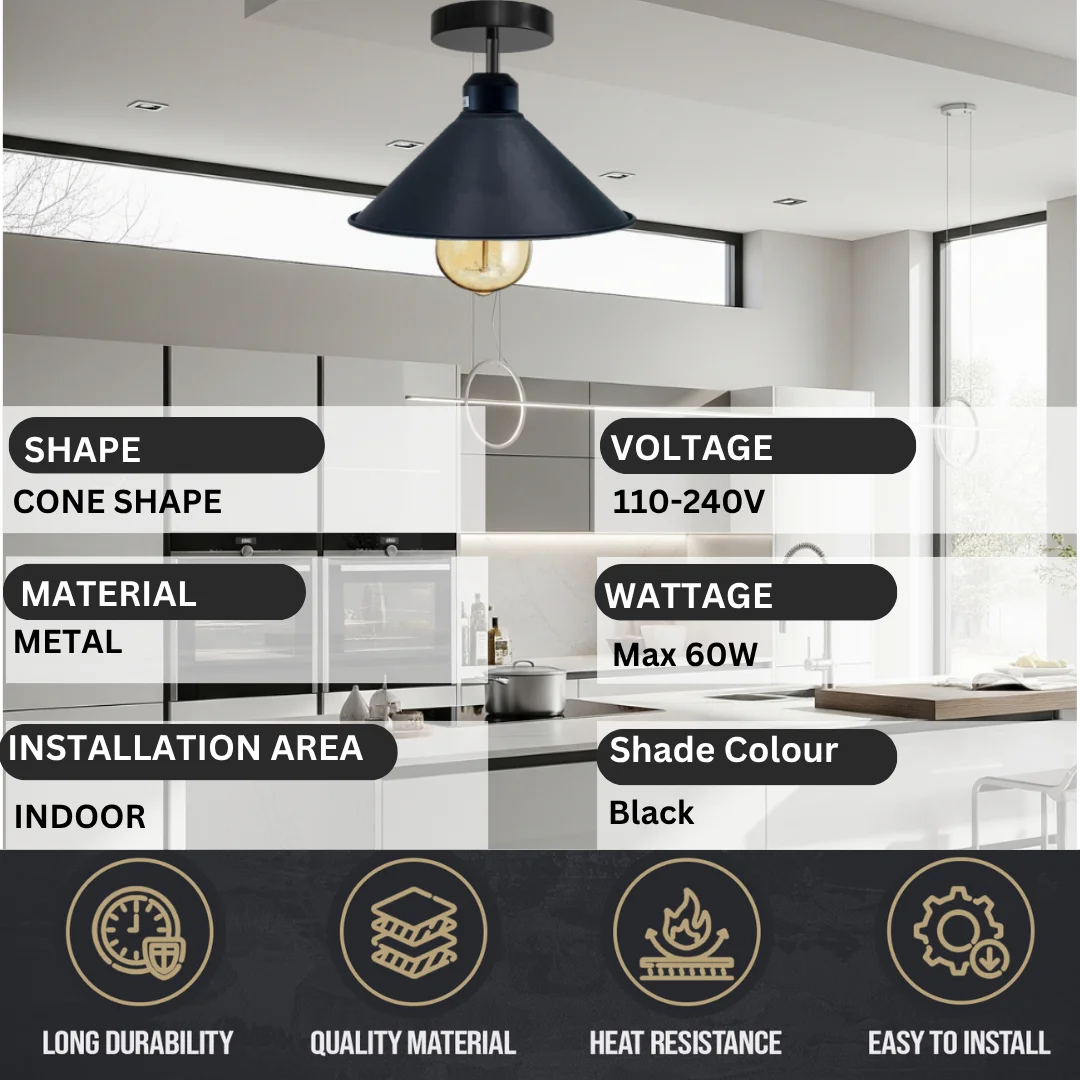 Black industrial cone shade flush mount ceiling light with E27 base and metal construction on white background