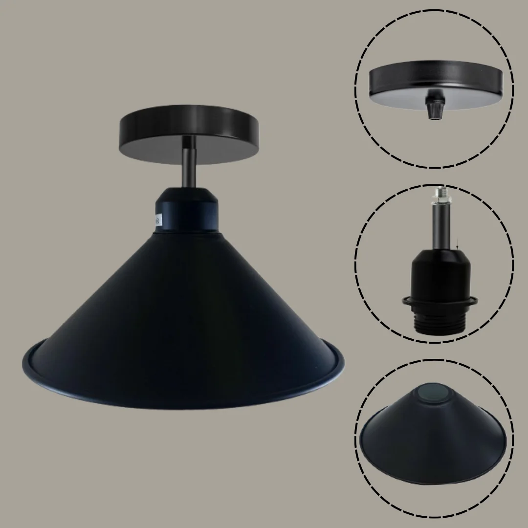 Black metal industrial light with cone shade and E27 lamp base, flush mount ceiling fitting against white background