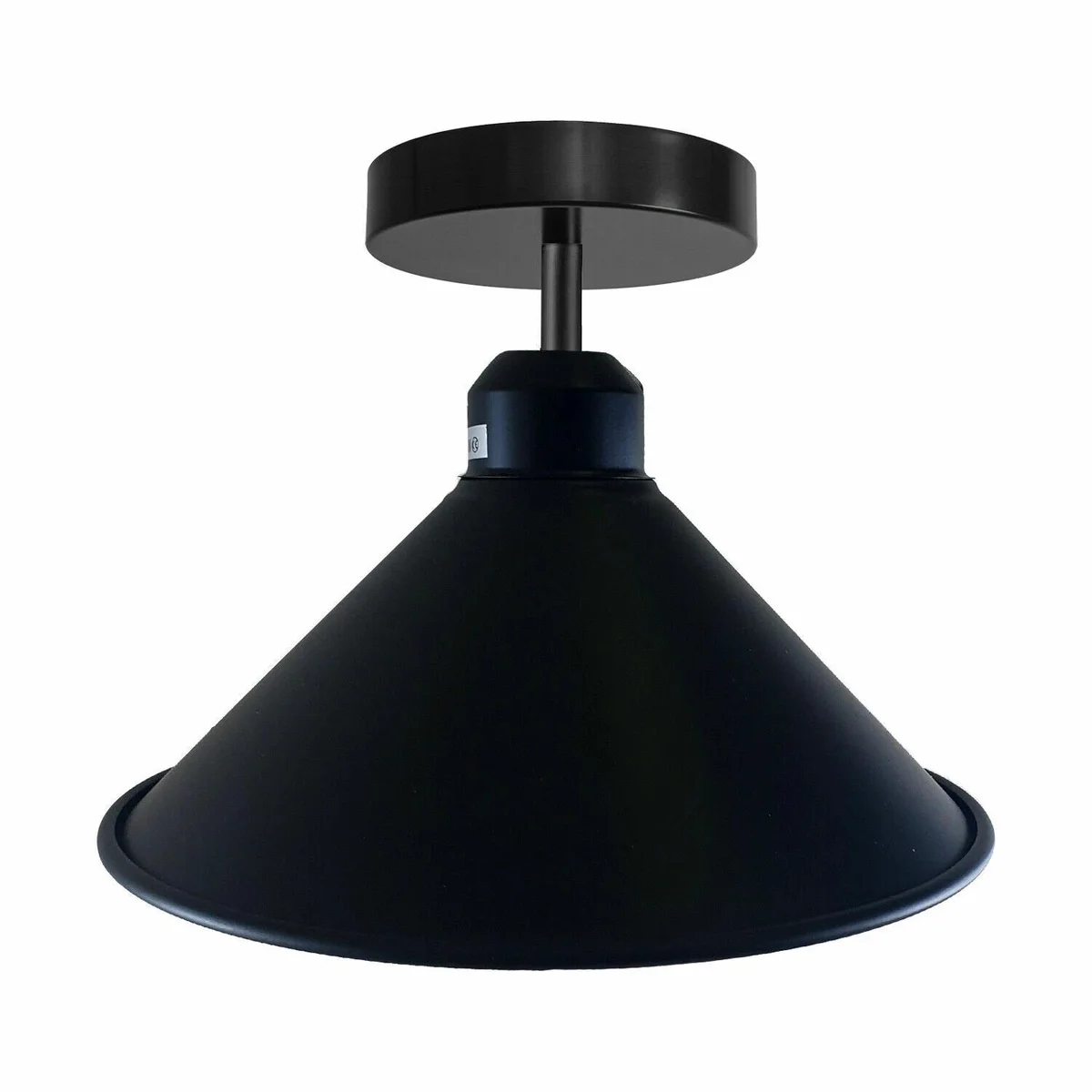 Black industrial cone shade modern ceiling light fitting with E27 base, metal material, flush mount design on white background