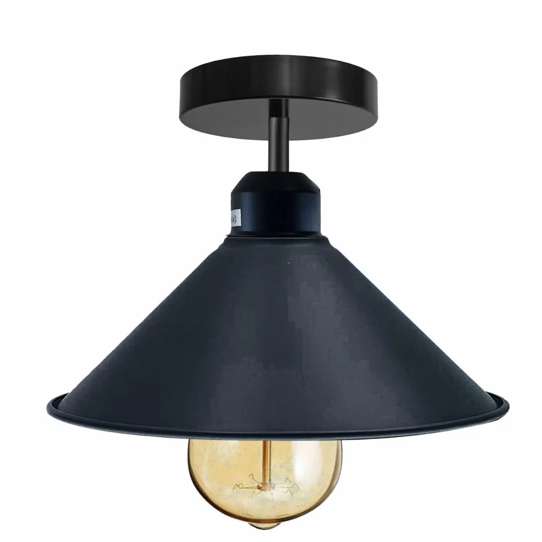 Black metal cone shade industrial ceiling light flush mount with E27 base and assembly parts displayed on white background