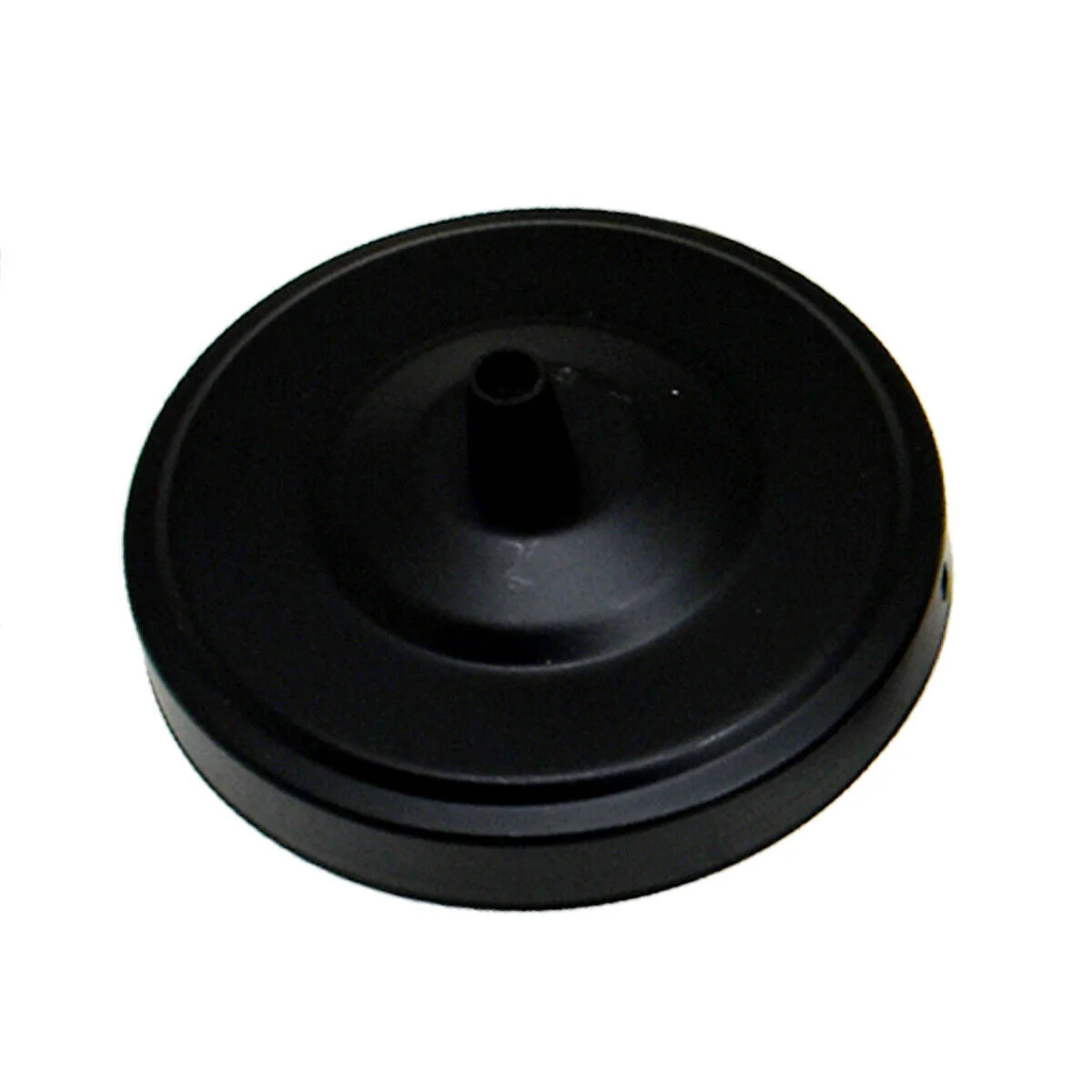 Black decorative ceiling rose 108mm diameter with central hole and riveted black cord grip for light fittings