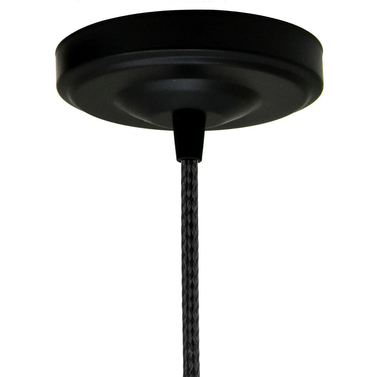 Black 108mm diameter ceiling rose light fitting with central hole and riveted cord grip for chandelier suspension
