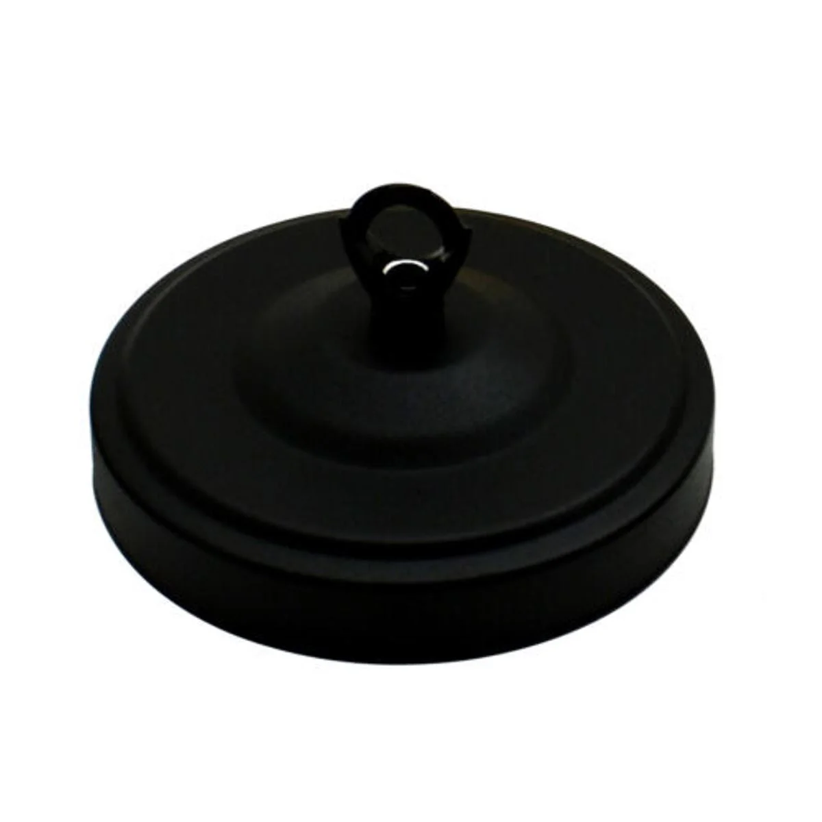 Black ceiling rose with hook plate, 108mm diameter, smooth metal surface, includes matching screws for light fitting installation