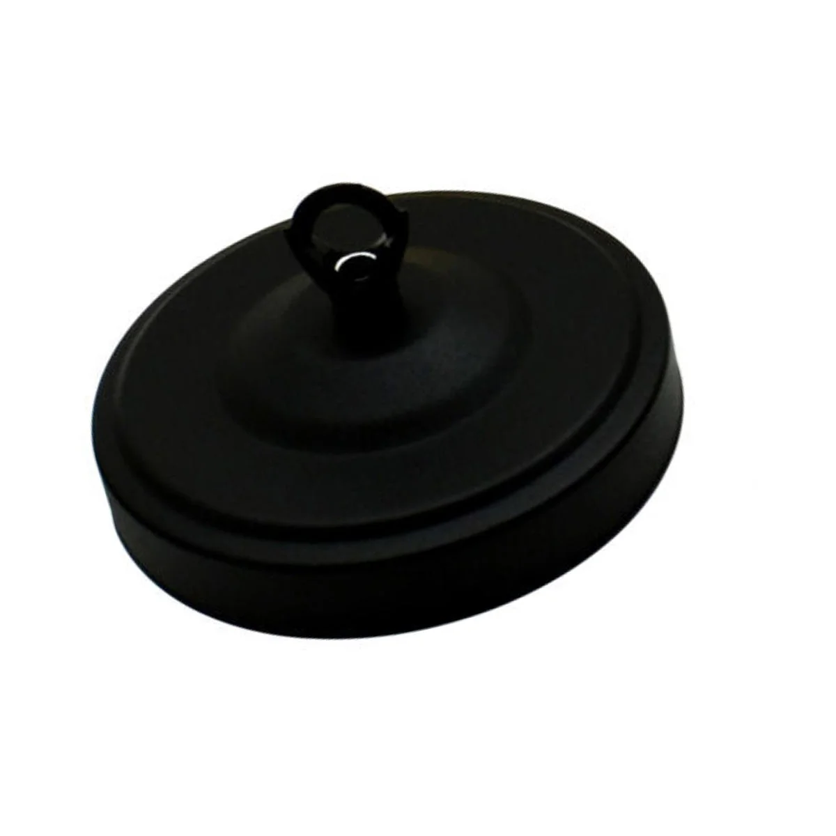 Black metal ceiling rose hook plate with 108mm diameter and smooth surface, includes matching screws for installation