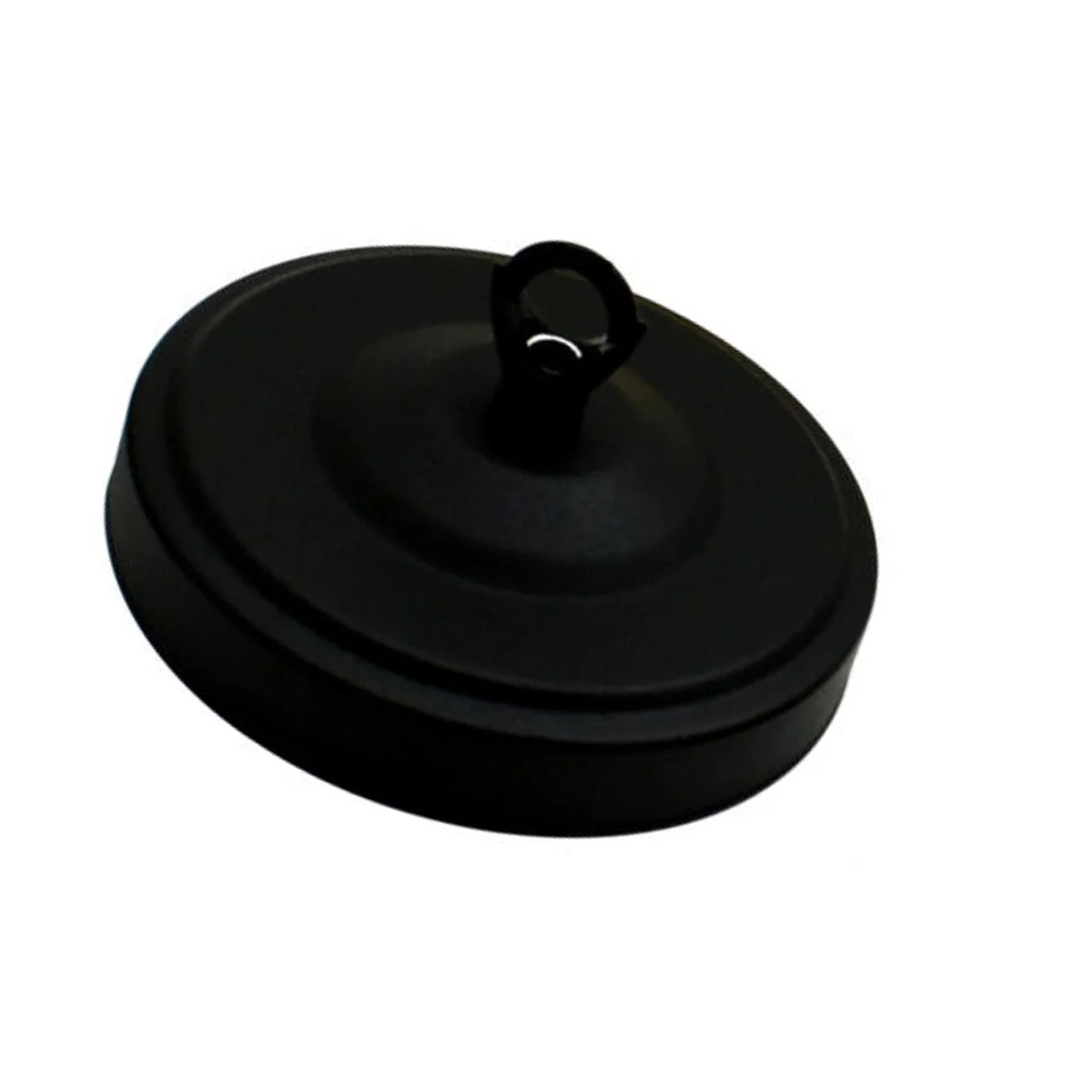 Black metal light fitting ceiling rose with hook plate and matching screws on white background, 108mm diameter
