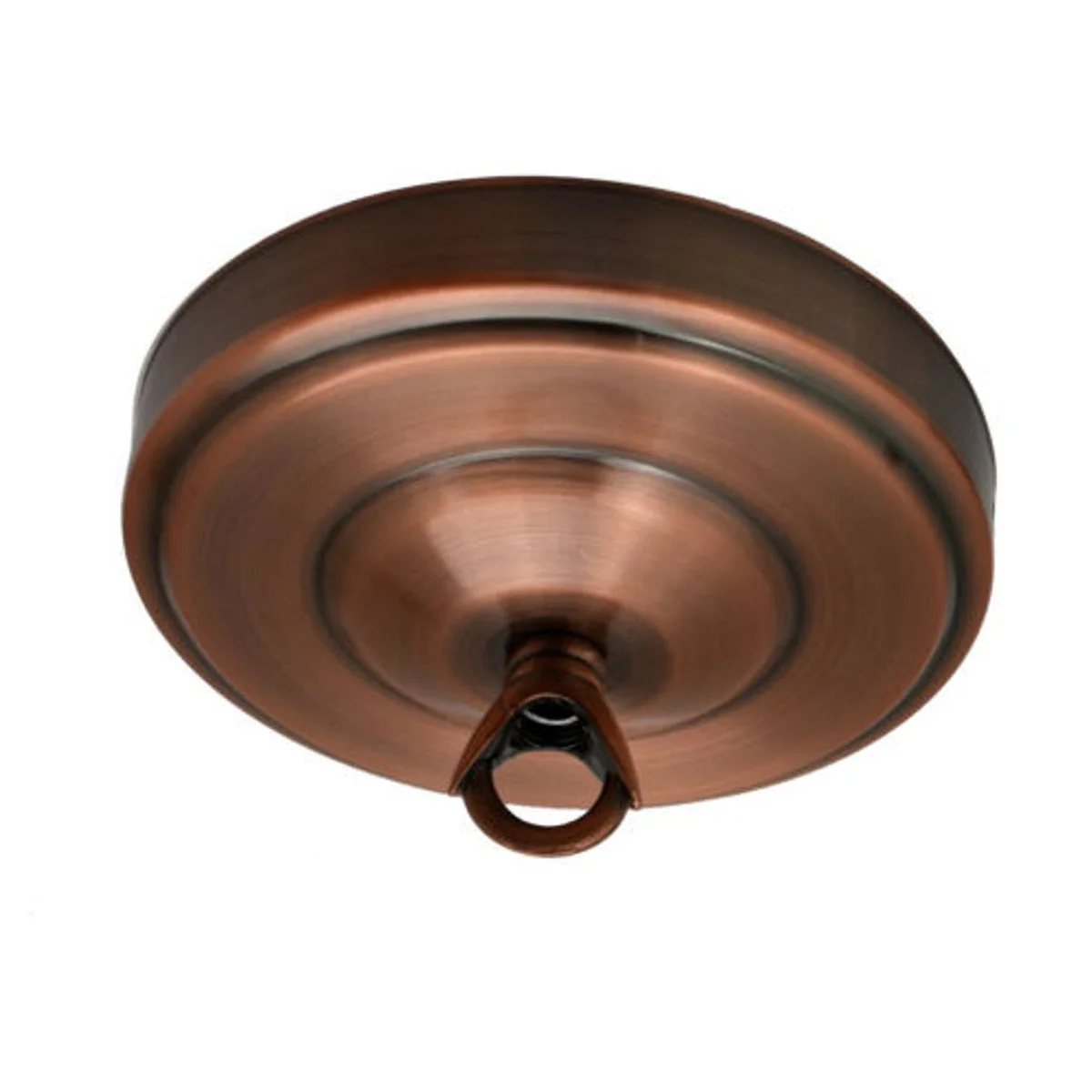 Copper coloured 108mm diameter light fitting hook plate with smooth metal surface and matching screws on white background