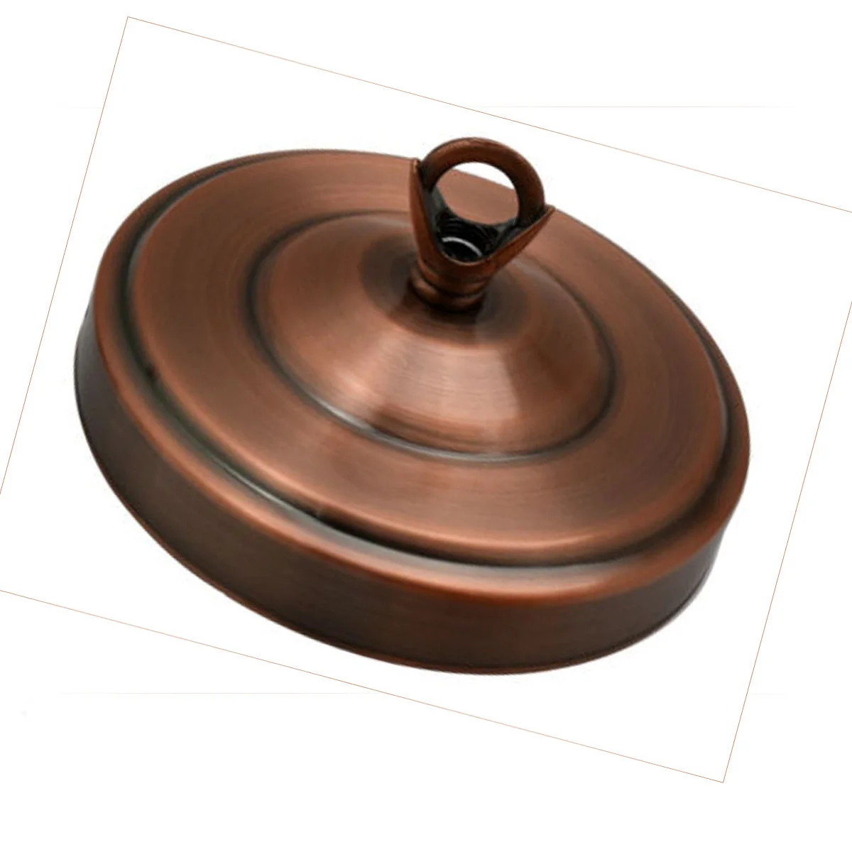 Copper color 108mm diameter ceiling rose with pendant lighting hook and matching screws on white background