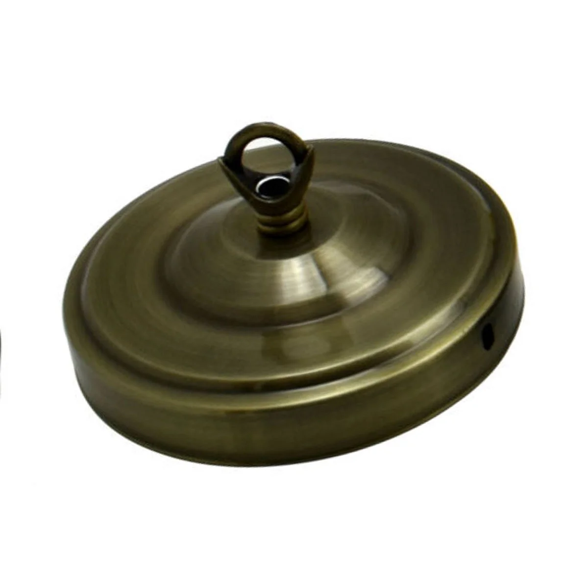 Green brass light fitting ceiling rose with hook plate and matching screws on white background, 108mm diameter