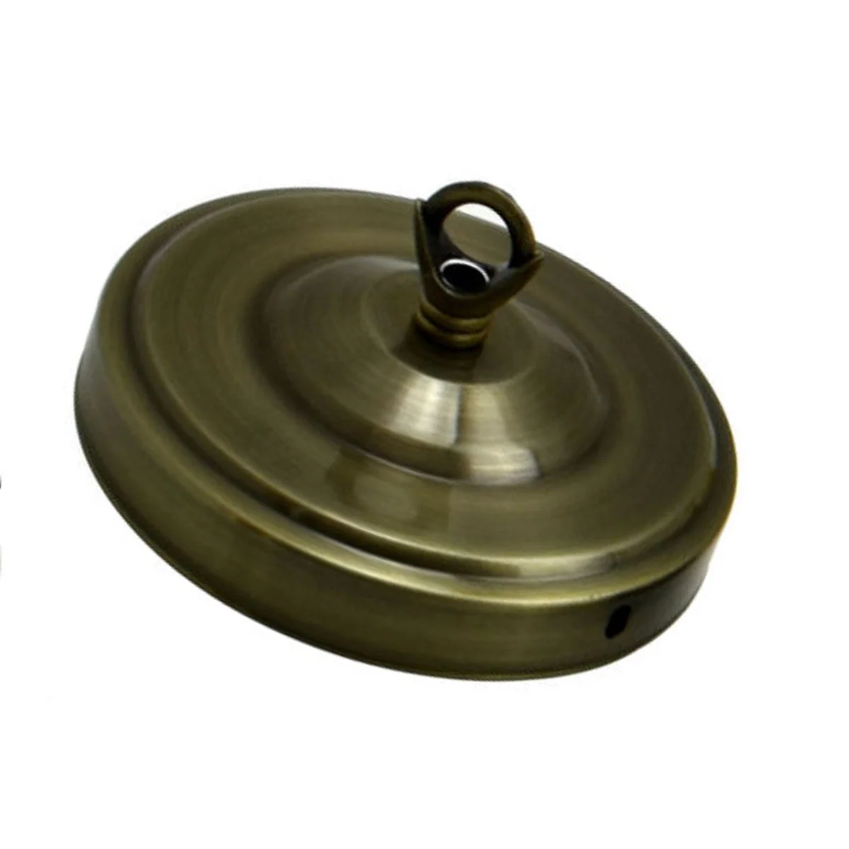 Green brass pendant light ceiling rose hook plate with smooth metal surface and matching screws on white background