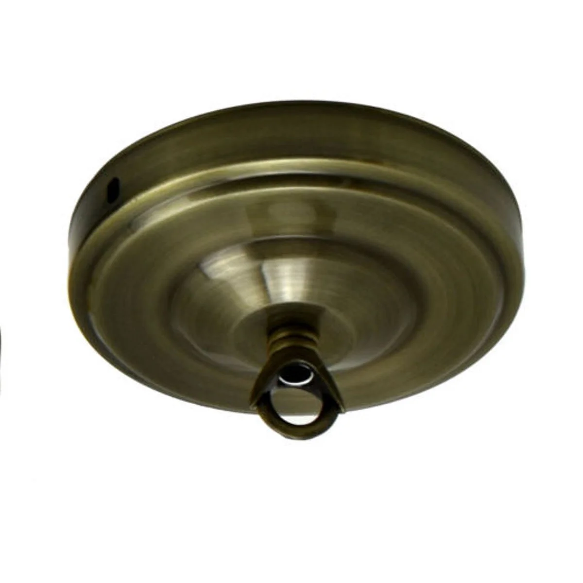 Green brass vintage style ceiling rose with hook plate and screws on white background, 108mm diameter, metal finish