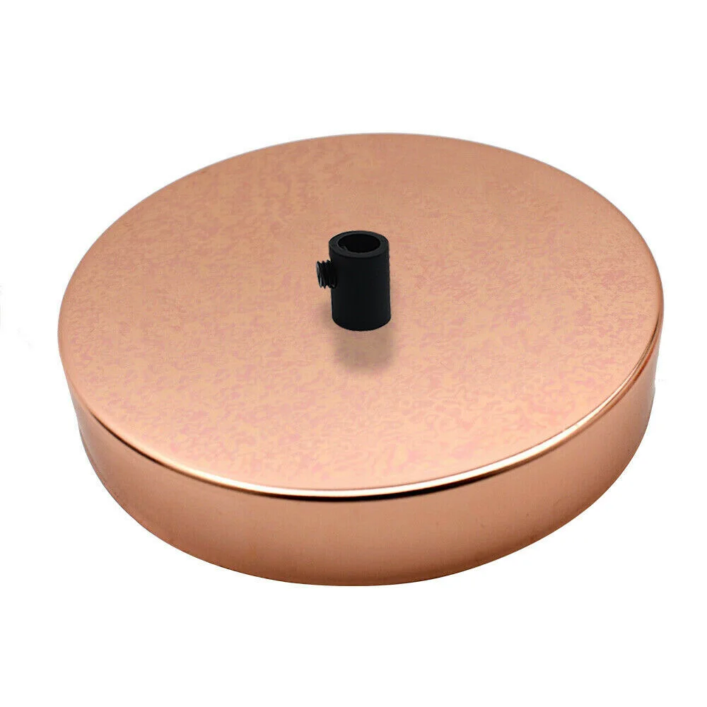 Single outlet rose gold ceiling rose with black cord grip and metal bracket, 120mm diameter, 25mm deep, metallic finish