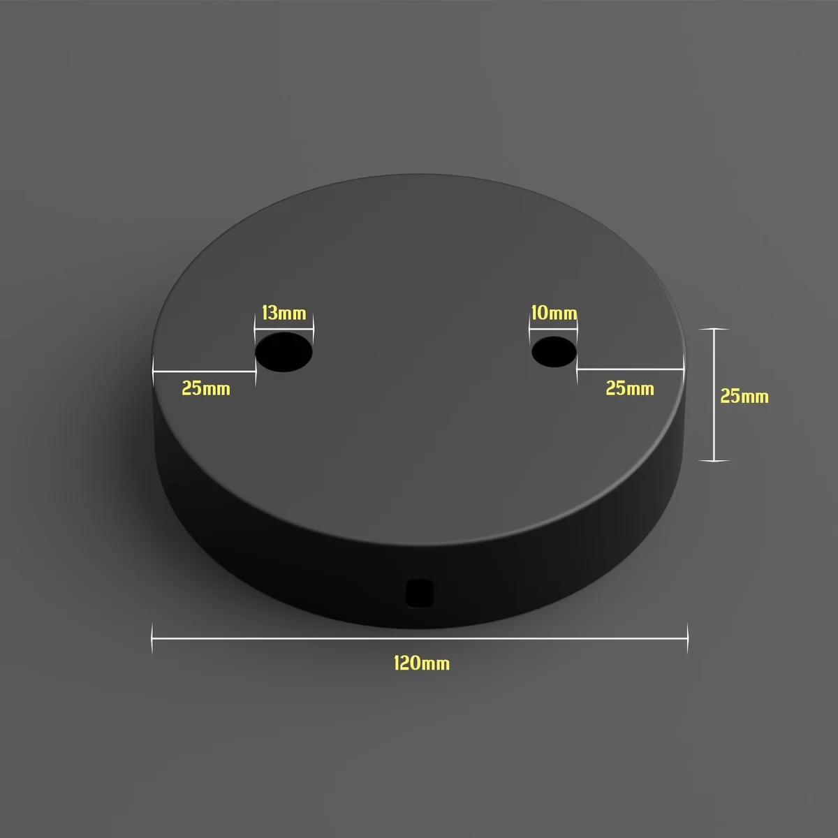Black ceiling rose with round matte black metal finish and multiple cord grips for pendant or wall lights installation