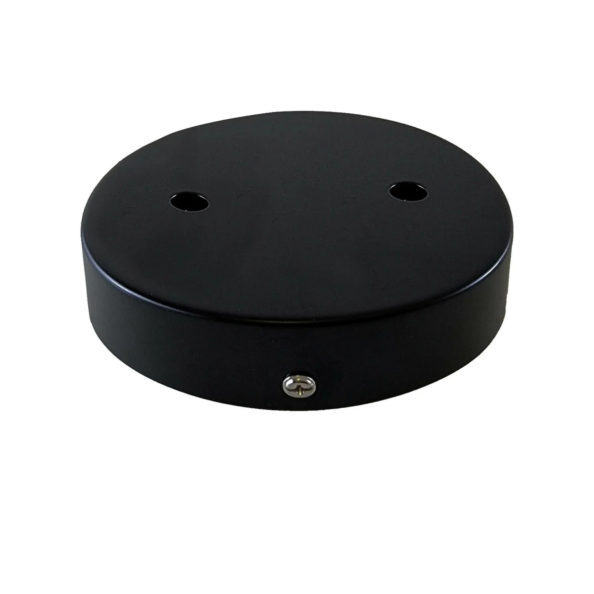 Black round metal pendant light ceiling rose with cord grips, bracket, and screws on white background
