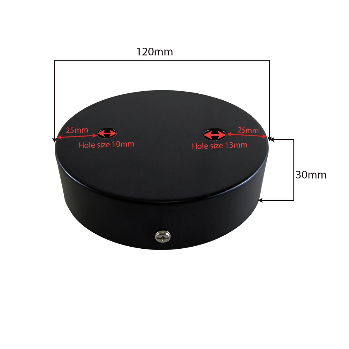 Black round metal ceiling rose with cord grips and mounting bracket for pendant and wall lights installation