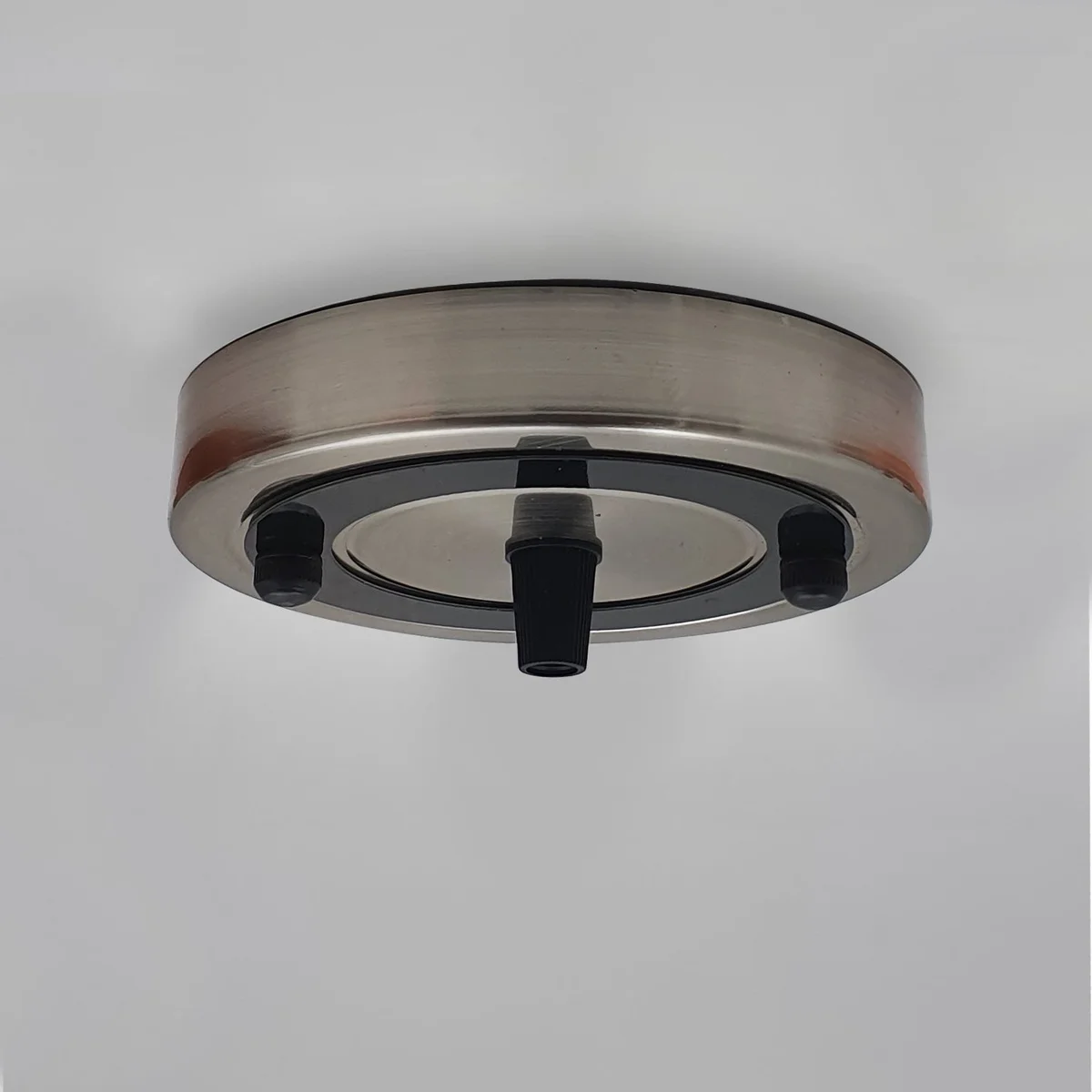 Vintage multi-colour round metal ceiling rose with black cord grip and smooth surface for pendant lights, 11.5cm diameter