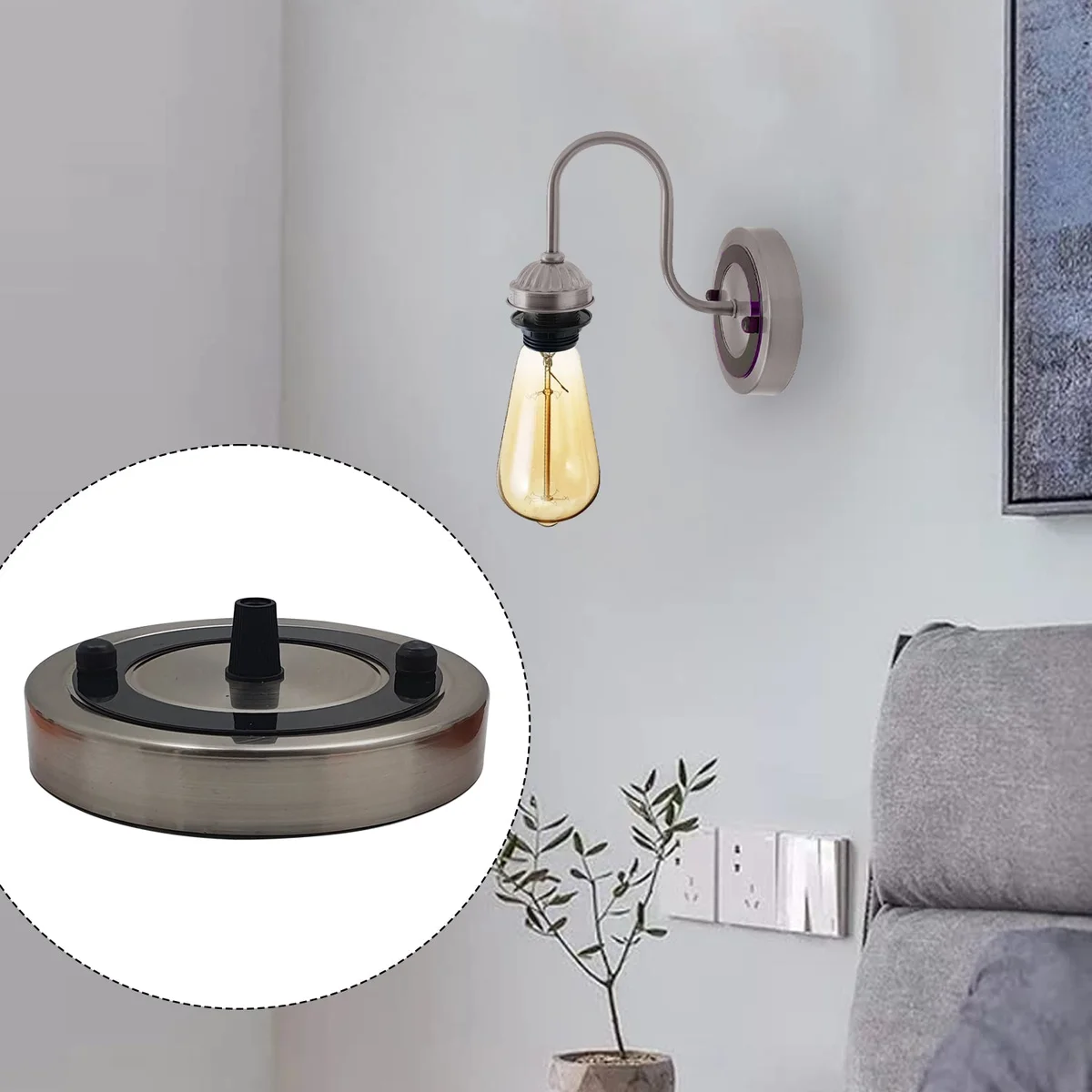 Vintage multi colour metal ceiling rose pendant light with black cord grip and matching screws on white background