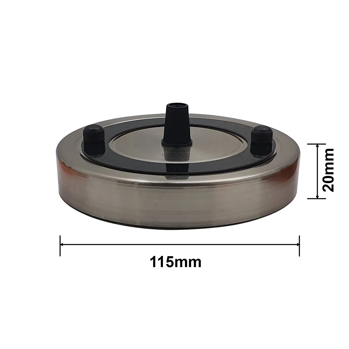 Round multi colour ceiling rose with black cord grip and screws for pendant light fittings on white background