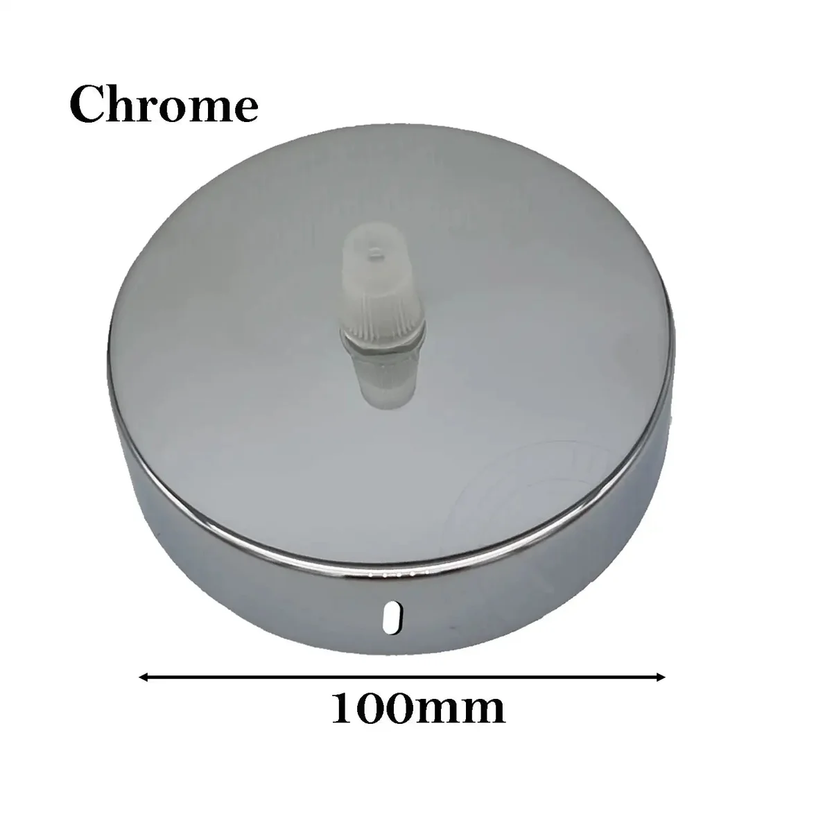 Round metal single outlet ceiling rose pendant light fitting with cord grip and mounting accessories on white background