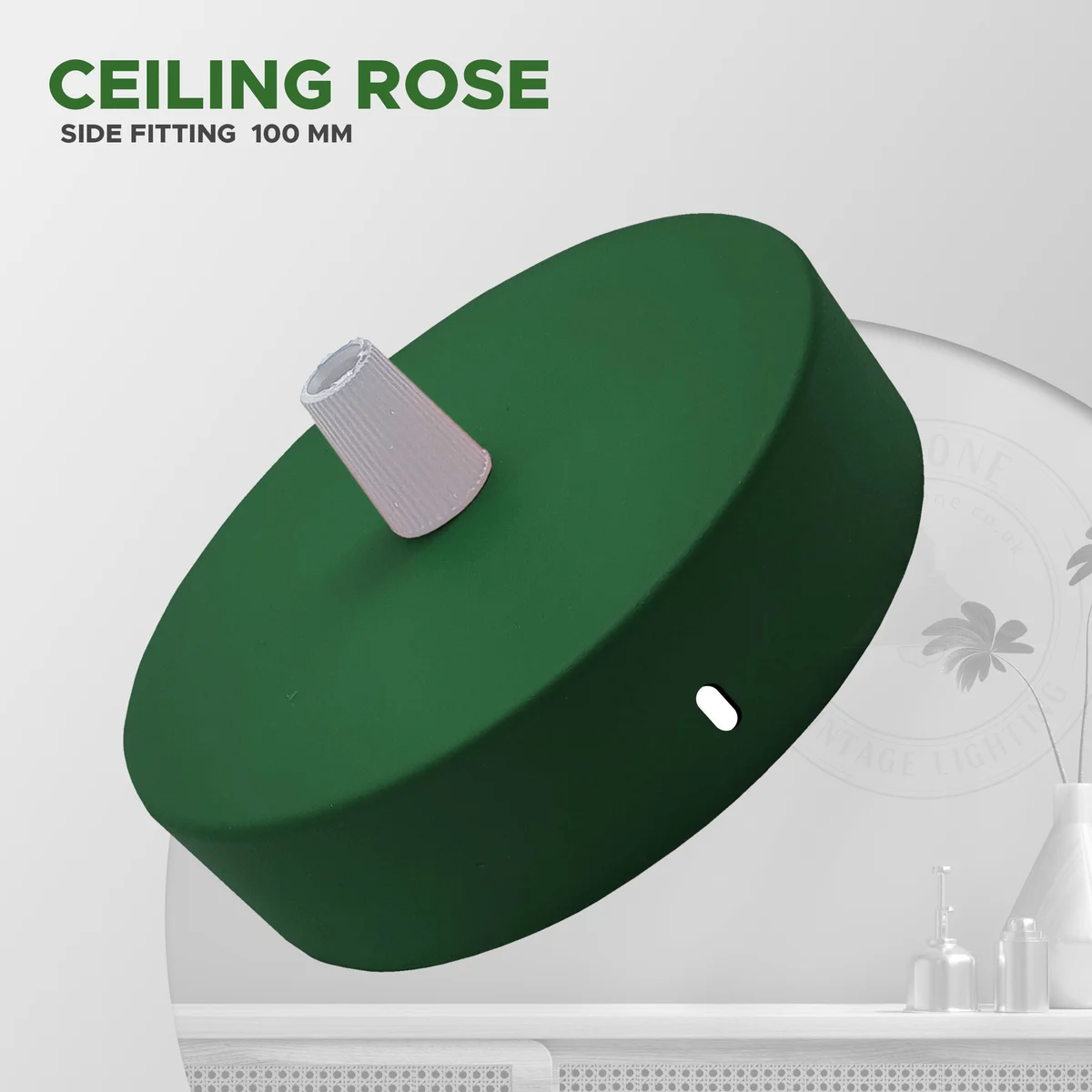 Round metal ceiling rose pendant light fitting with cord grip and mounting accessories on white background