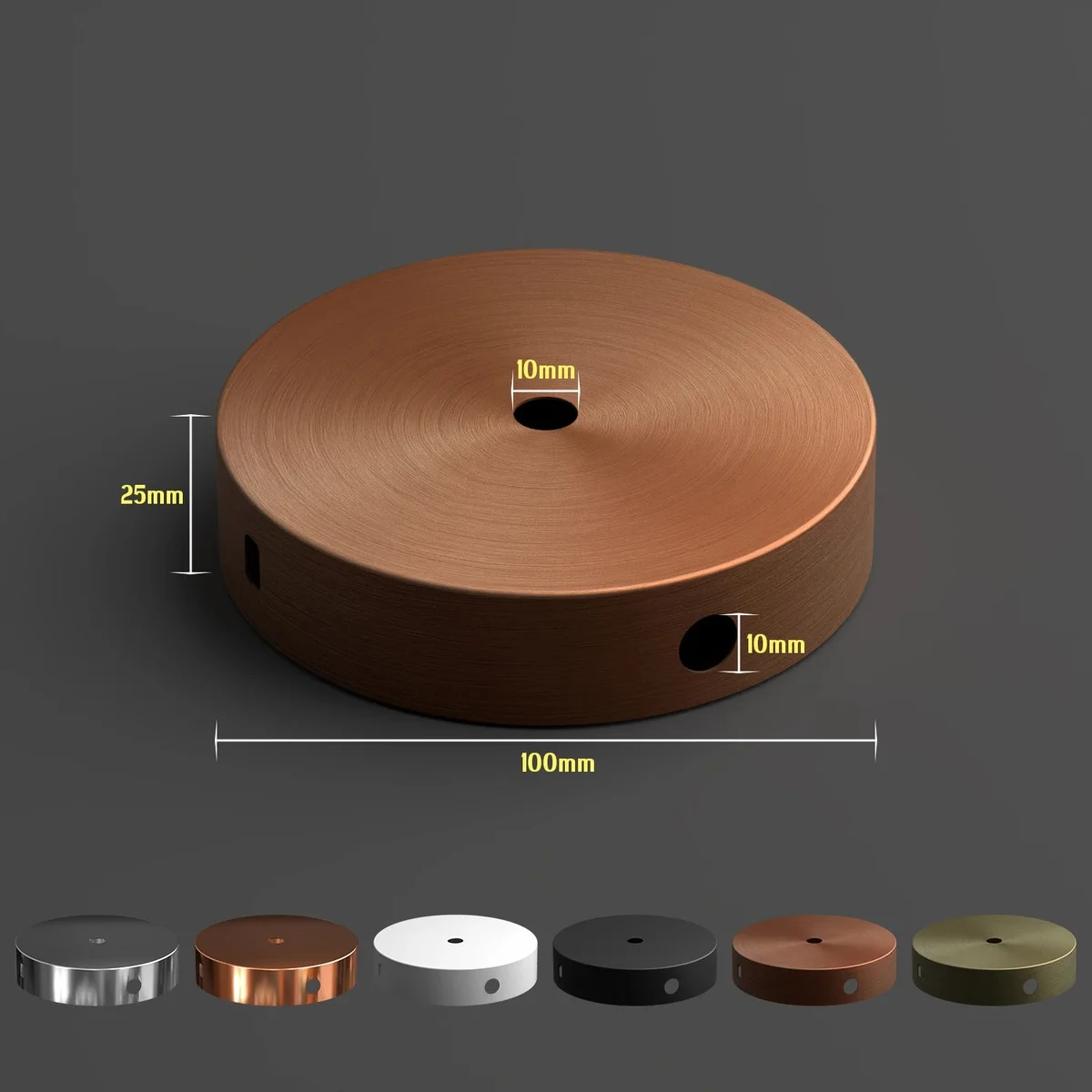 Round black side fitting ceiling rose with central hole for light fitting, decorative ceiling accessory, 100mm diameter
