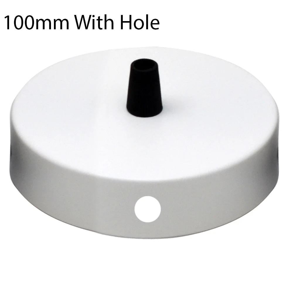 Black decorative ceiling rose with side fitting and central hole for light fixture attachment, round shape, 100mm diameter