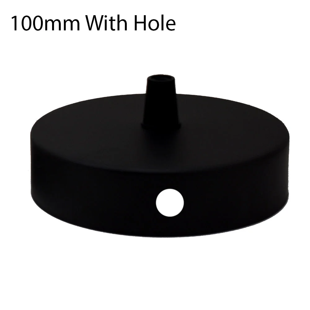 Black round side fitting ceiling rose with central hole for chandelier or light fitting suspension, decorative ceiling element