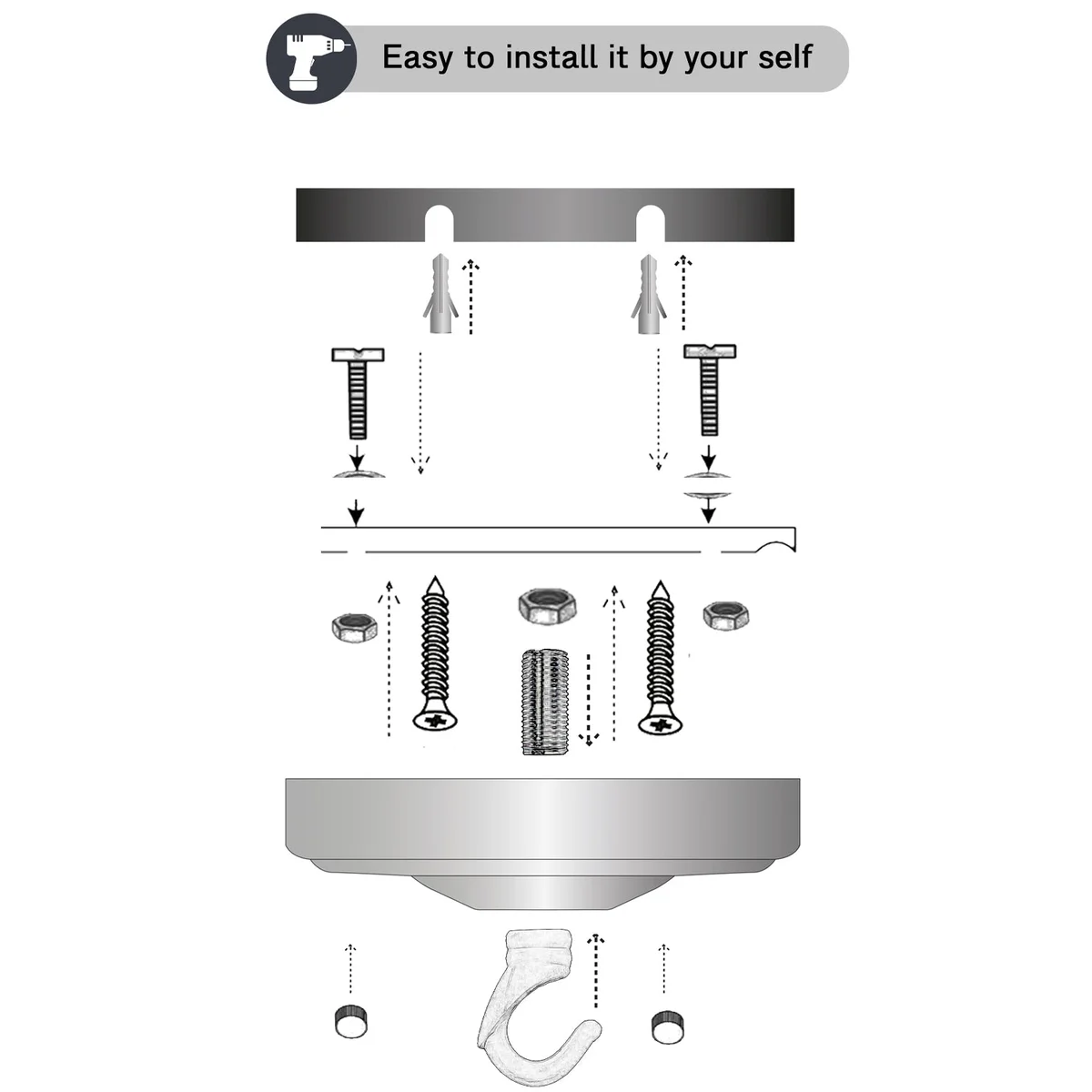 Vintage style metal ceiling hook plate with mounting hardware, designed for indoor light fittings up to 5kg weight