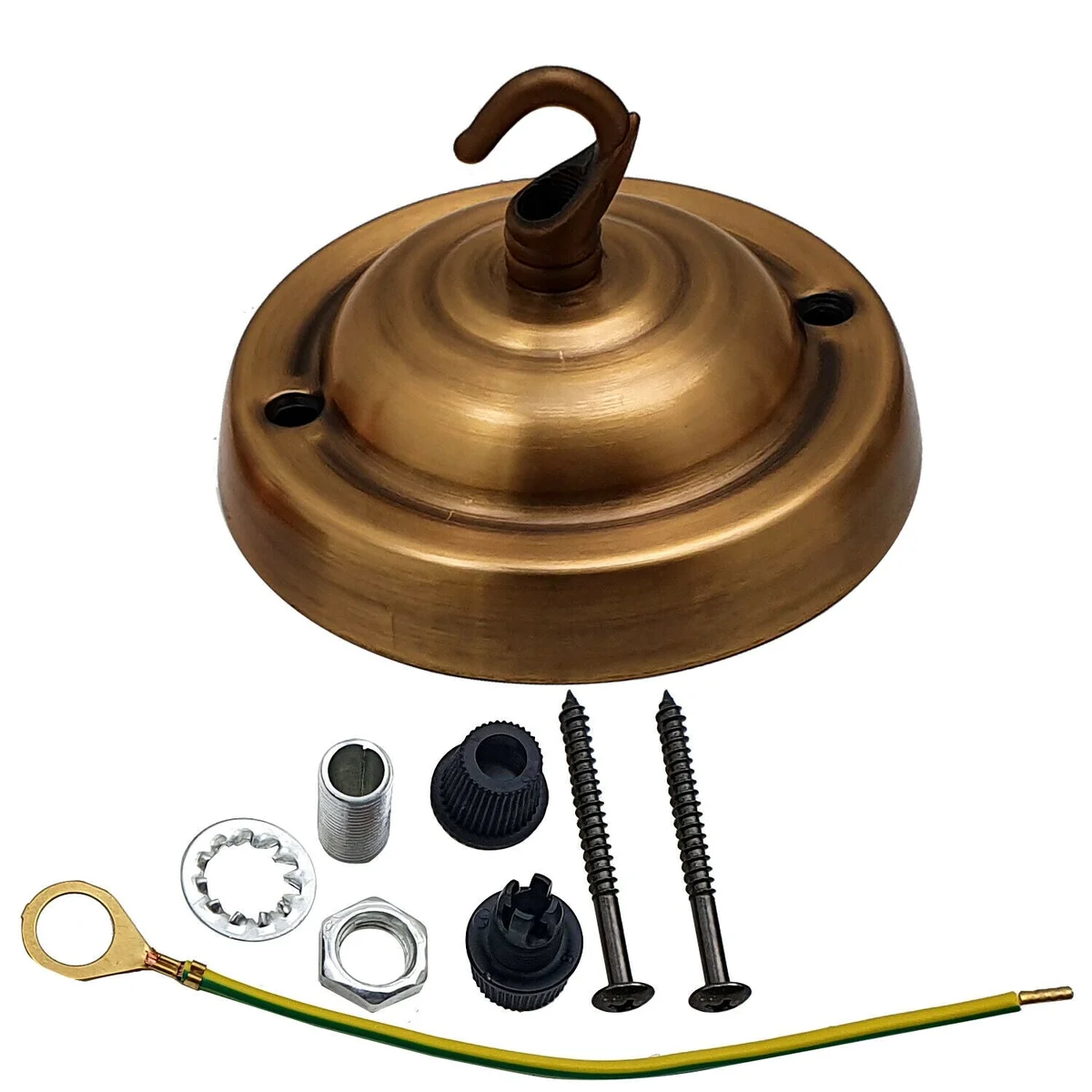 Vintage style metal ceiling rose hook plate in bronze finish with mounting hardware for light fittings, indoor use